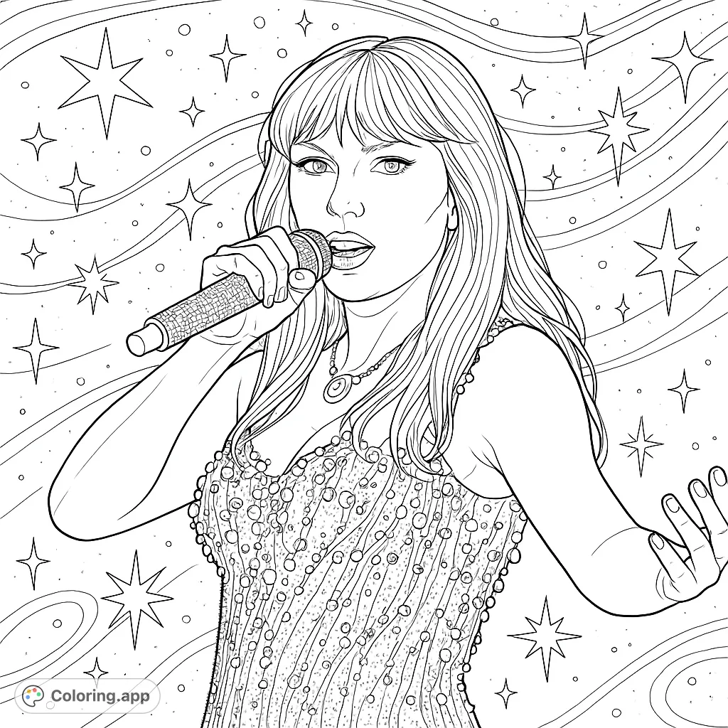 Capture the energy of a pop star on stage! This free printable coloring page features a dynamic singer with a sparkling outfit and microphone, ready for your creative touch.