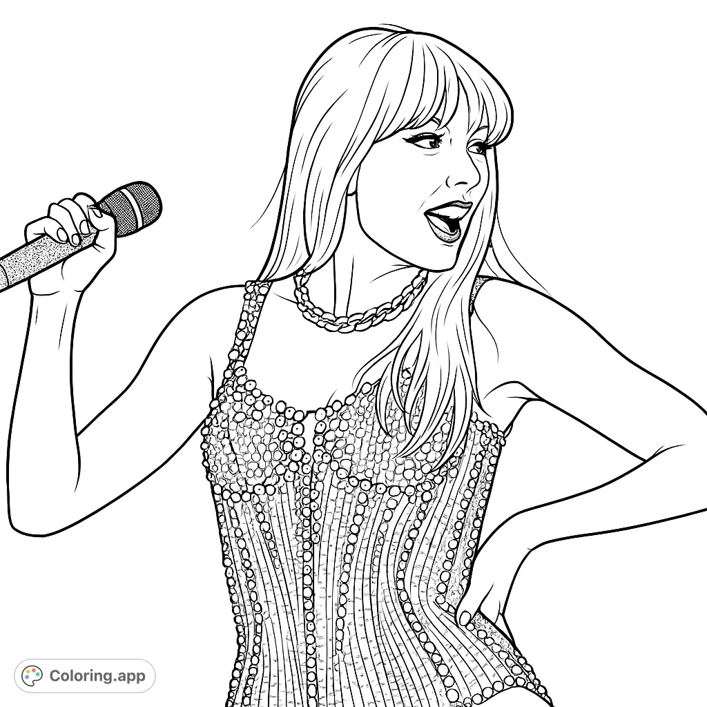 A dynamic pop star on stage, captured mid-performance in a dazzling, patterned outfit, ready for your creative touch.