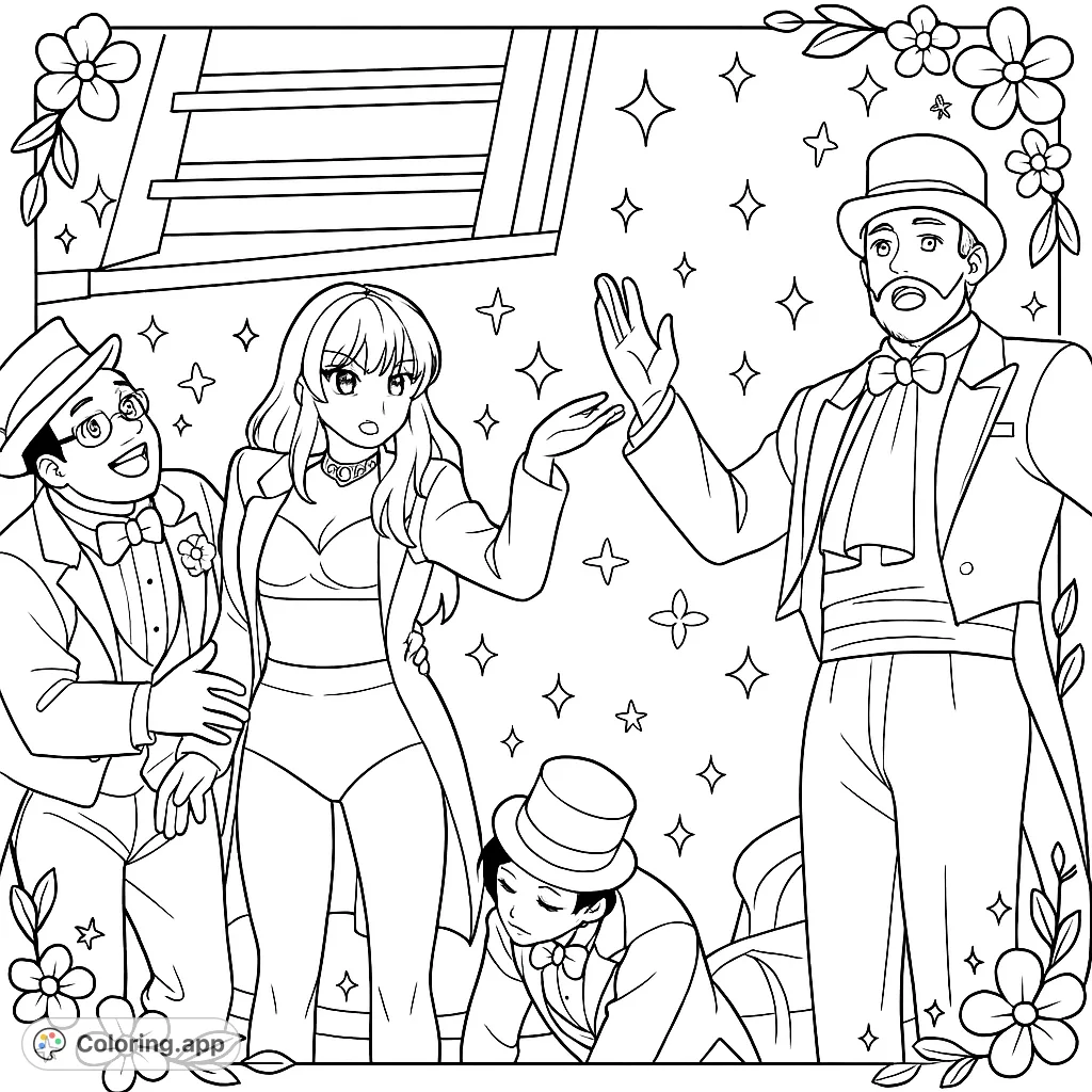 An energetic pop star commands the stage, surrounded by dapper performers in a dynamic concert scene. Perfect for fans of music and anime-inspired art.