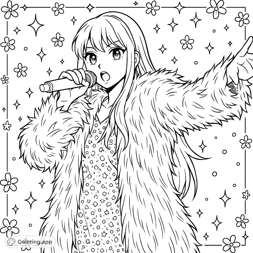 Capture the dynamic energy of a pop star on stage, adorned in a fluffy coat and sequined dress, holding a microphone. An anime-inspired scene for creative expression.