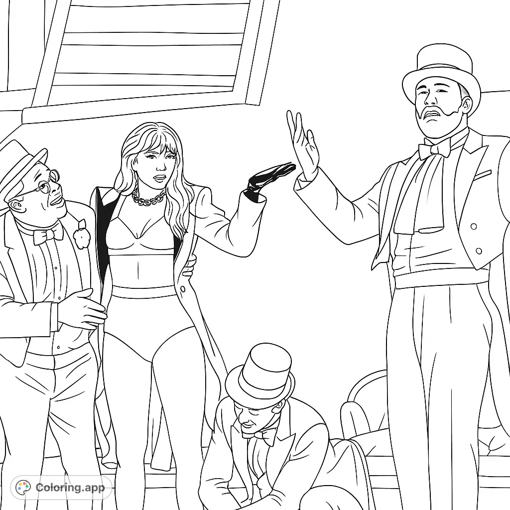 Capture the energy of a live performance with a pop star and her dancers in formal stage attire. A dynamic scene perfect for fans to color.