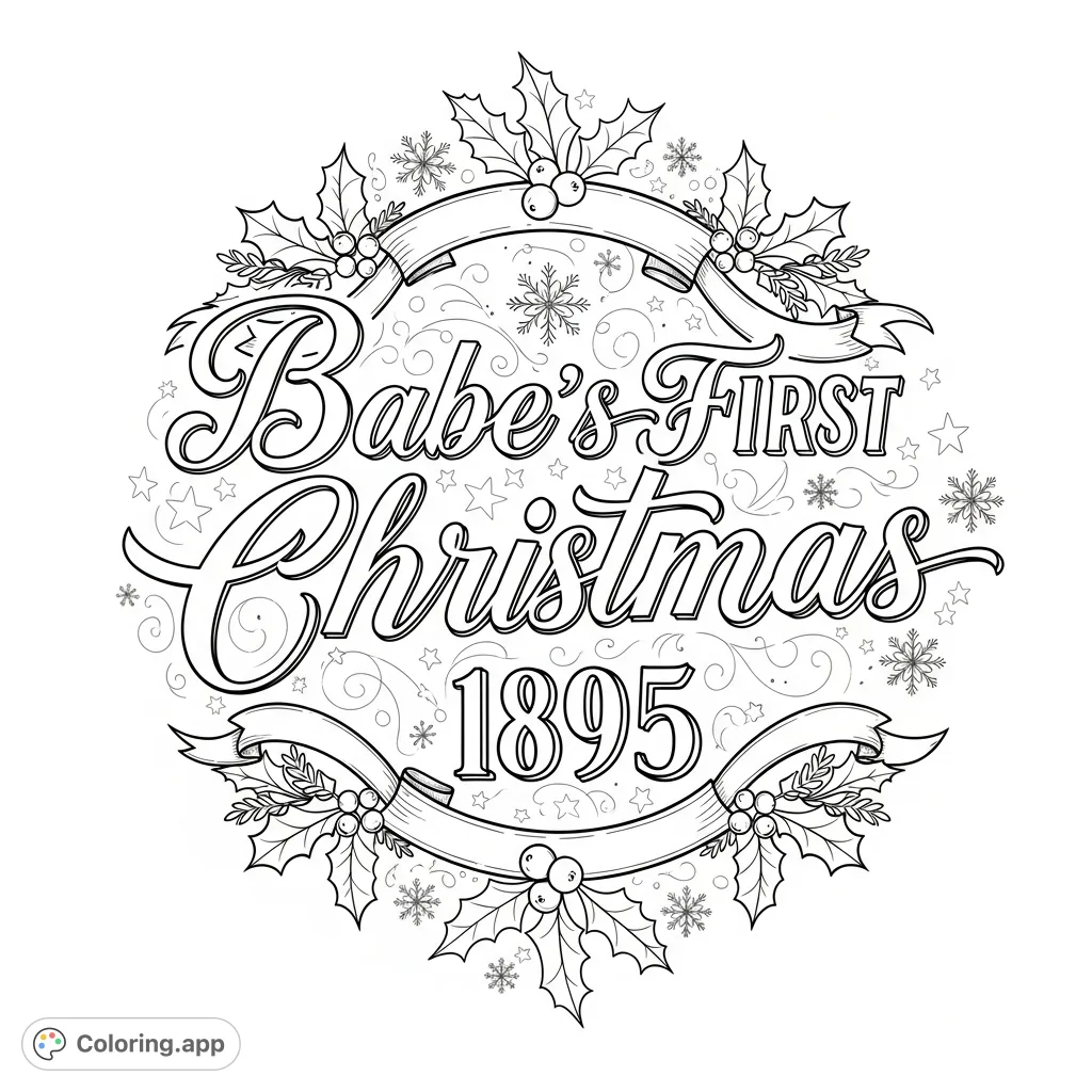 A charming vintage-style text logo for 'Babe's First Christmas 1895,' adorned with festive holly, ribbons, and snowflakes, perfect for holiday coloring.