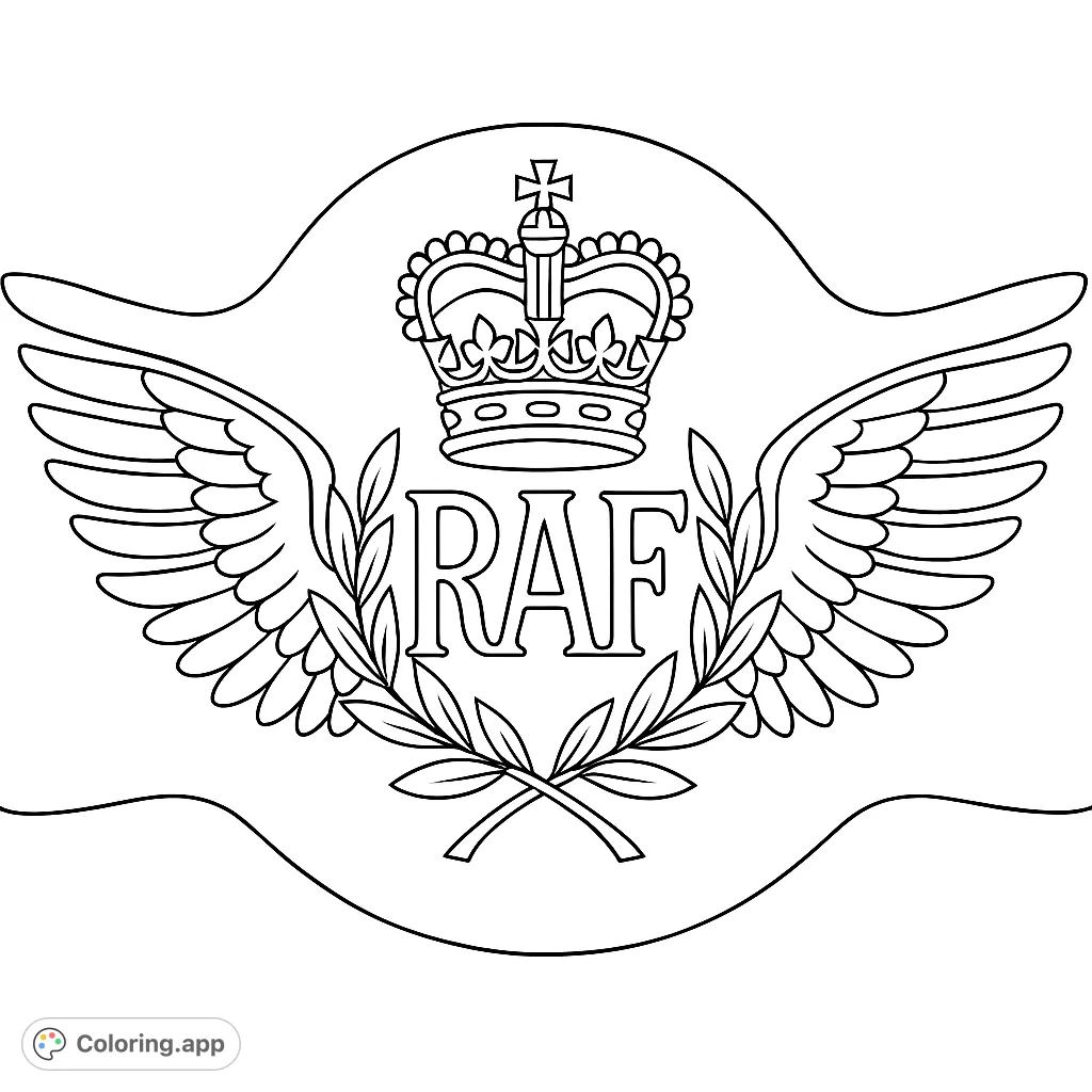 Color this detailed RAF emblem featuring a majestic crown, spread wings, and a wreath surrounding the iconic letters. Perfect for history enthusiasts.