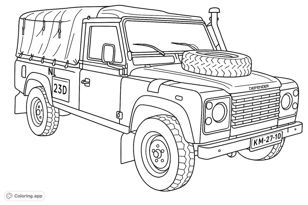 A sturdy utility vehicle with a canvas top and spare tire, ready for adventure. Perfect for young explorers to color and customize.
