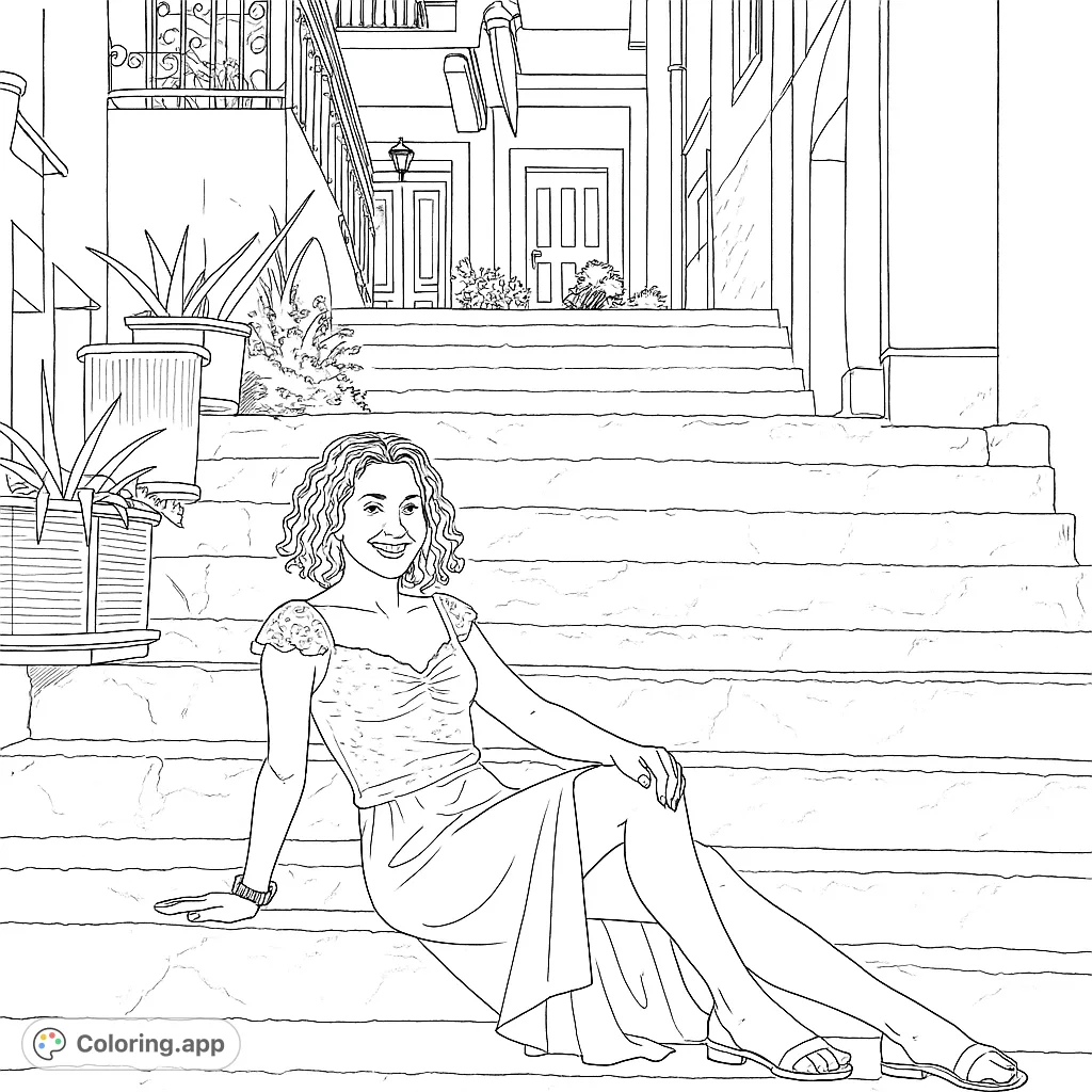 A smiling woman sits on ancient steps amidst charming village architecture and lush potted plants, inviting a creative coloring experience.