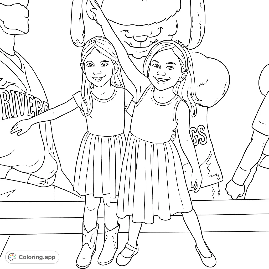 Two cheerful girls pose in front of a vibrant mural, ready for a fun coloring adventure. Perfect for kids and families to express their creativity.