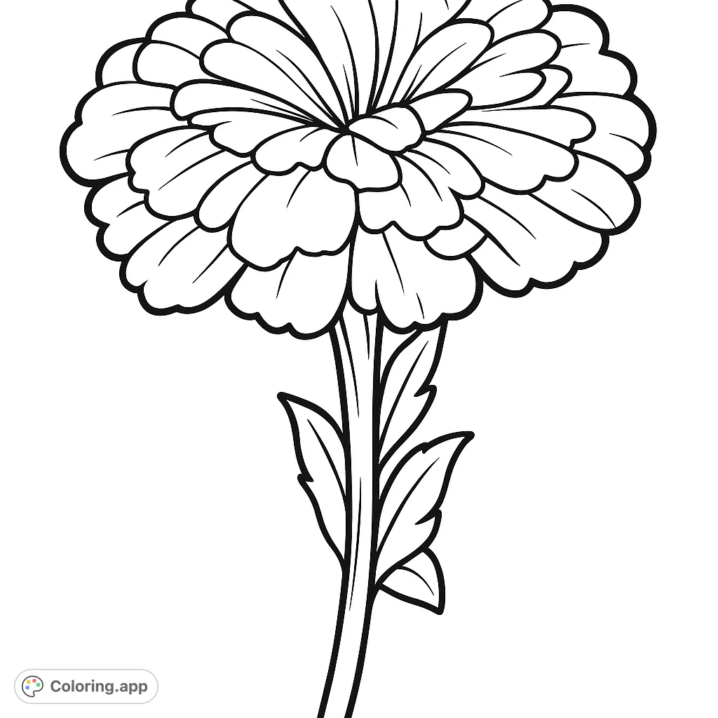 A beautiful, detailed flower with many layered petals and leaves, perfect for a relaxing coloring experience. A free printable flower coloring page.