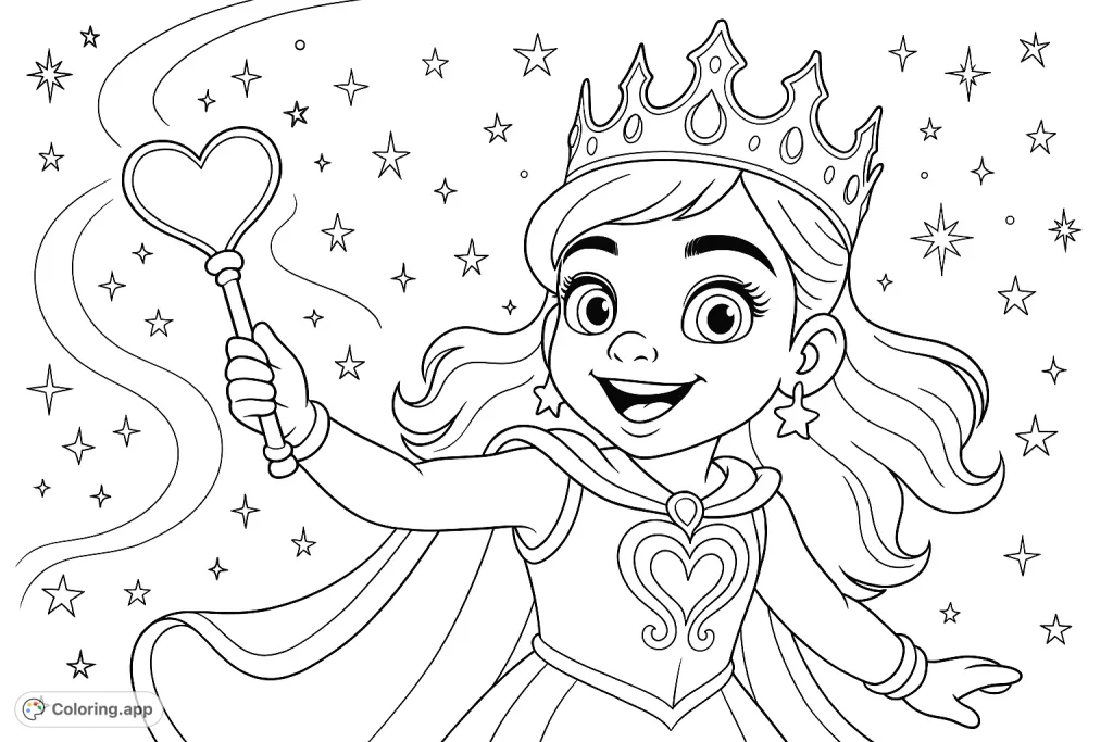 A joyful princess with a crown and a heart-tipped wand creates a swirling path of light against a starry sky. Perfect for imaginative coloring.