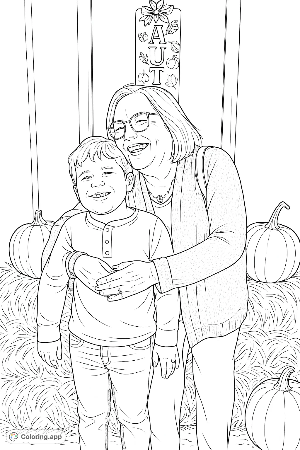 A heartwarming autumn scene featuring a smiling adult and child amidst hay bales and pumpkins, perfect for a cozy harvest coloring page.