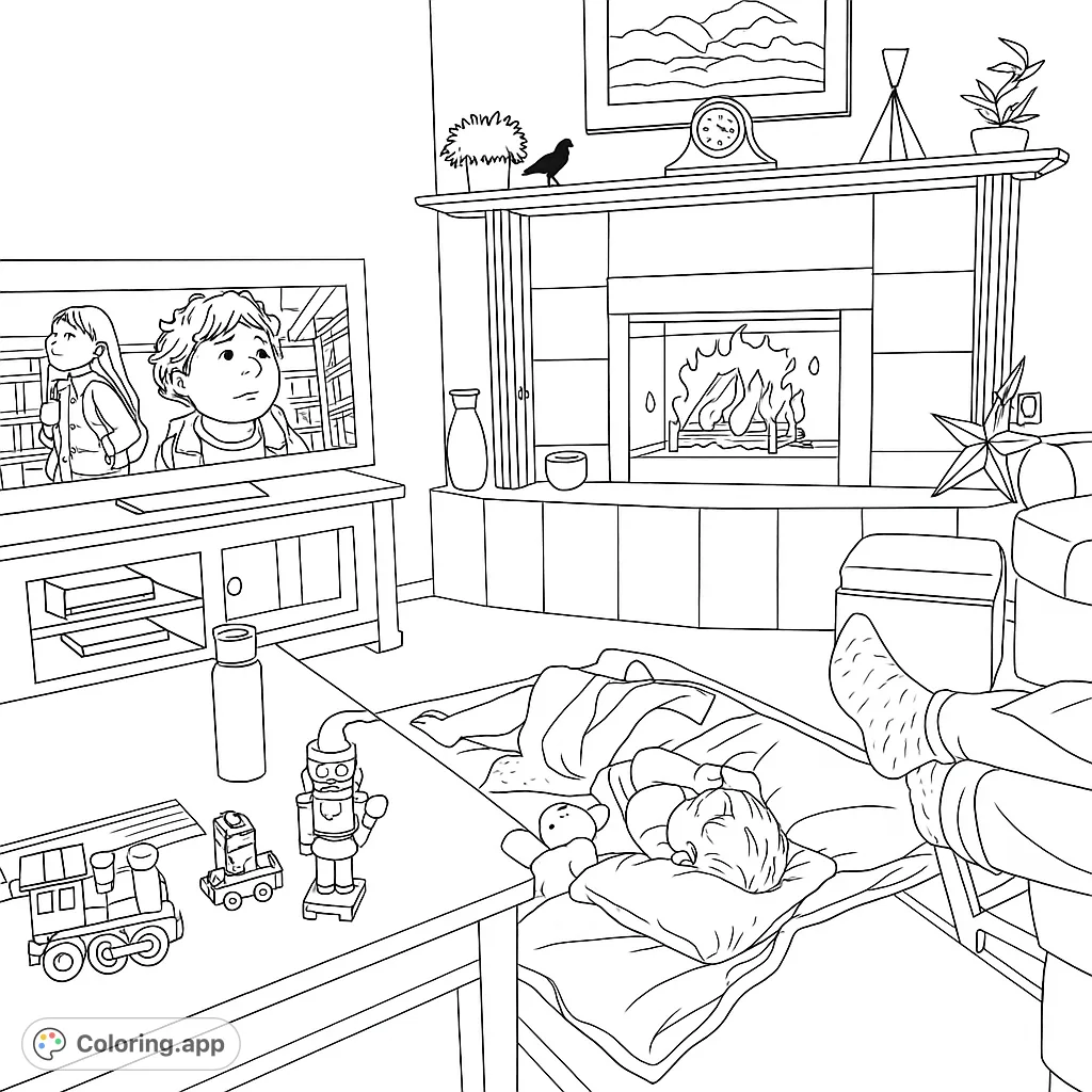 Unwind with this cozy fireplace coloring page featuring a family evening scene, animated characters on TV, a sleeping child, and intricate living room details.