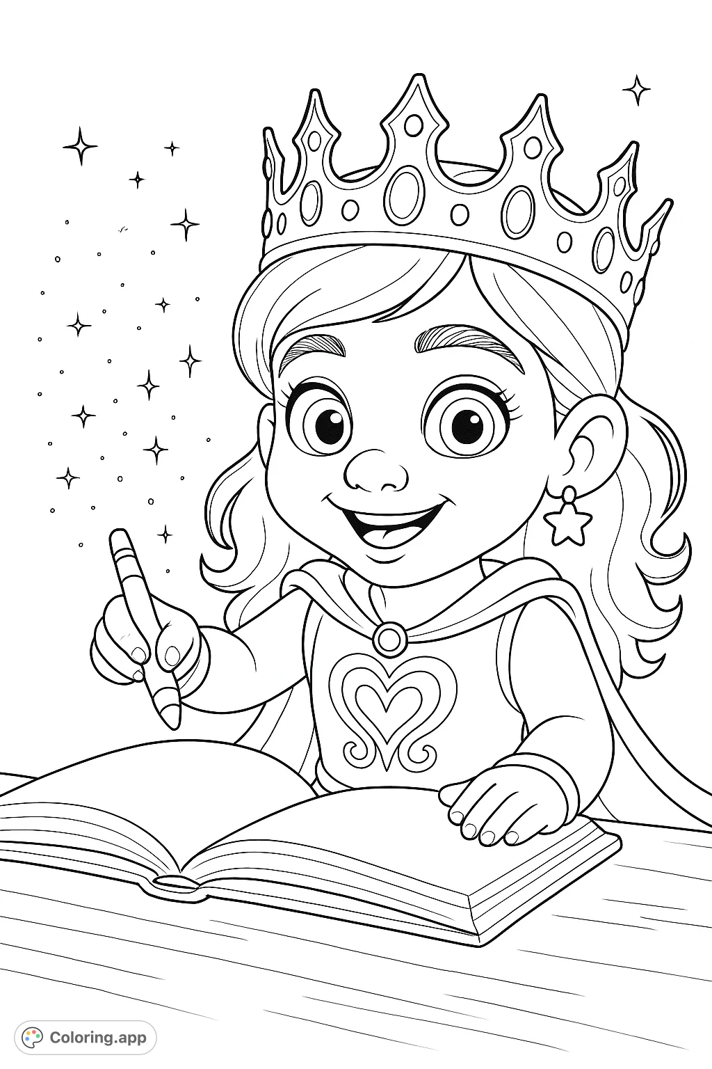 A delightful princess with a crown and cape, happily writing in a magical book. Perfect for inspiring creativity and storytelling in young artists.