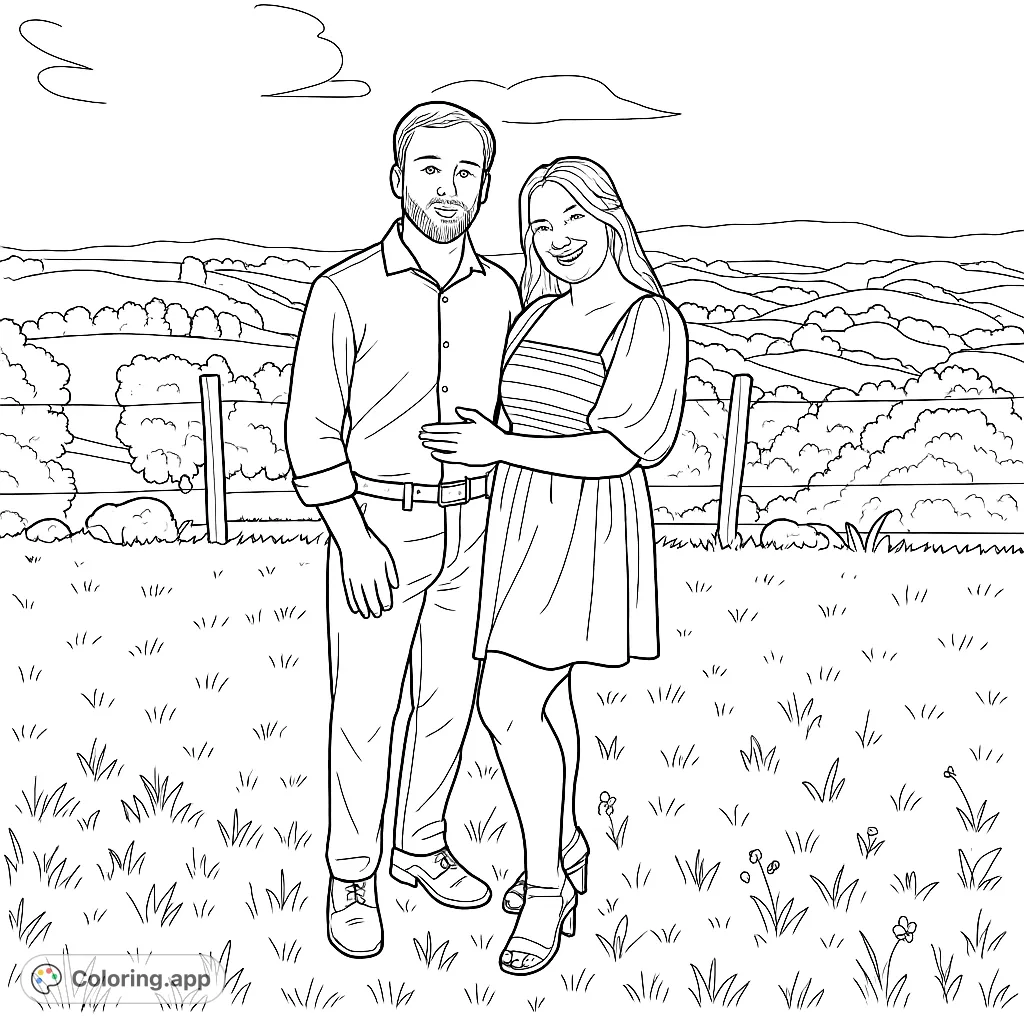 Capture a loving couple amidst a beautiful rolling landscape. This charming scene offers a delightful coloring experience for all ages, perfect for relaxation.