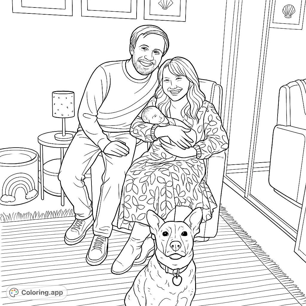 A heartwarming family portrait featuring a couple, their newborn baby, and their beloved dog in a cozy room. Perfect for celebrating new beginnings.