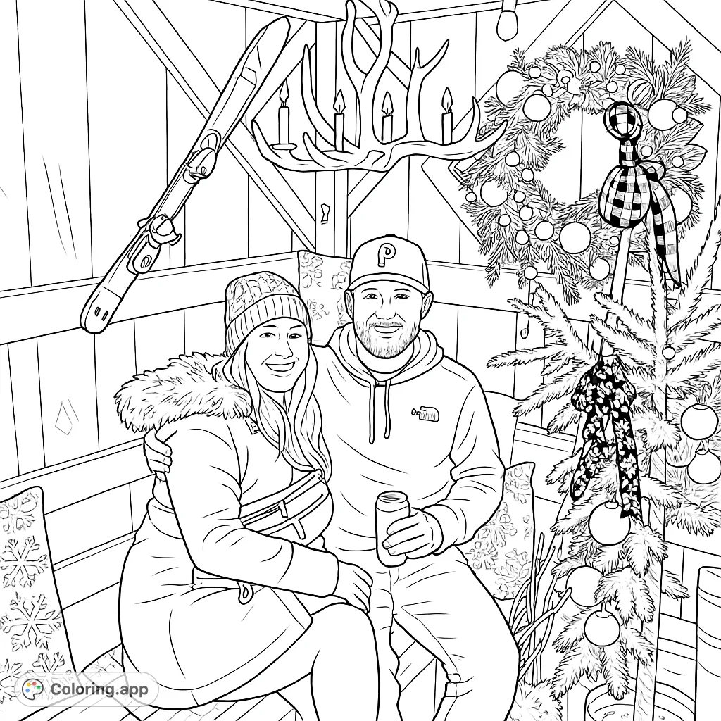 A heartwarming winter scene featuring a couple in a cozy, decorated cabin. Perfect for holiday relaxation and creative expression.