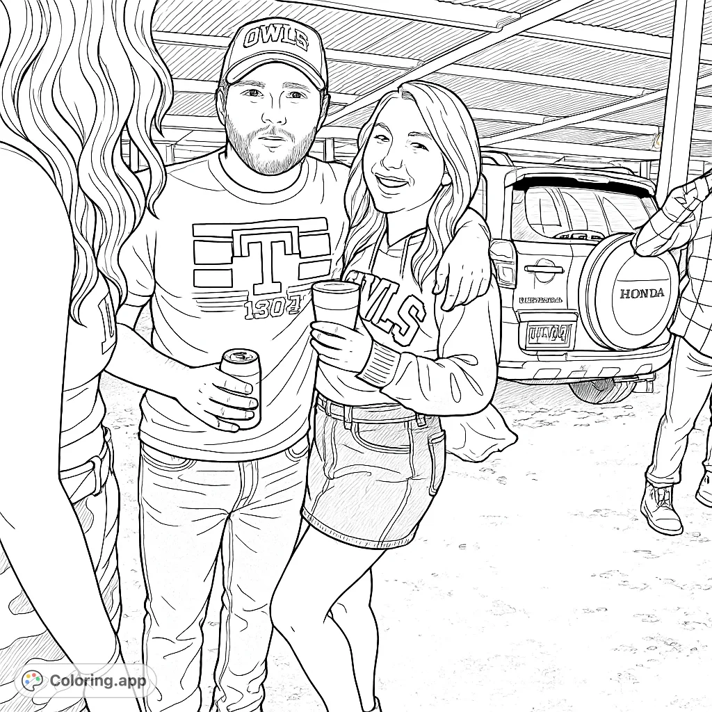Capture a lively scene of friends enjoying a casual outdoor gathering, complete with university apparel and a relaxed atmosphere. Perfect for a fun coloring session.