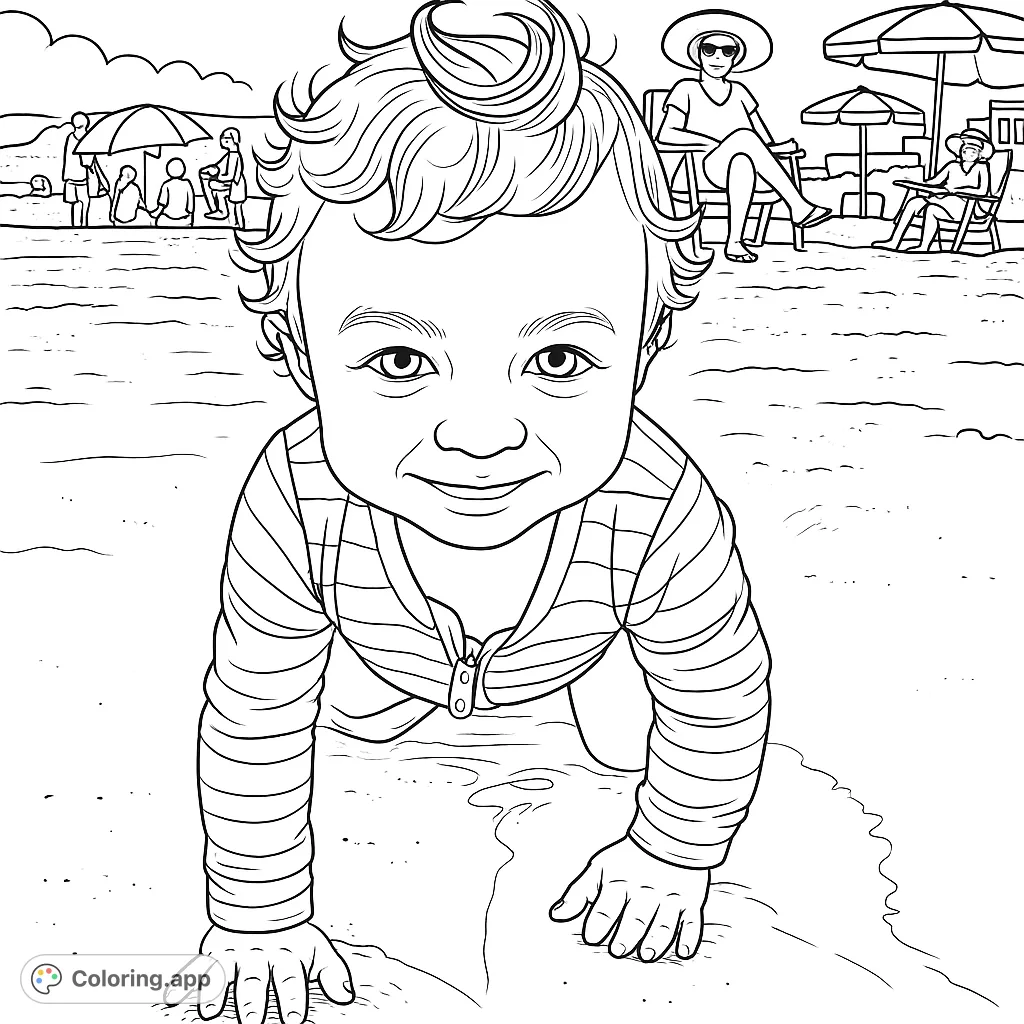 A delightful baby crawls on a sandy beach, smiling at the viewer. Perfect for a cheerful summer coloring activity for all ages.