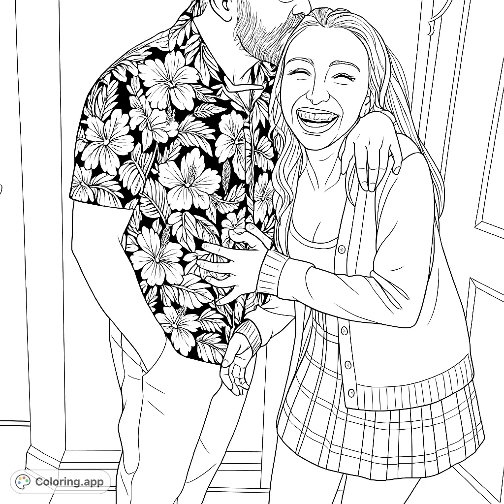 A heartwarming scene of two individuals embracing, featuring intricate floral and plaid patterns, perfect for a relaxing coloring experience.