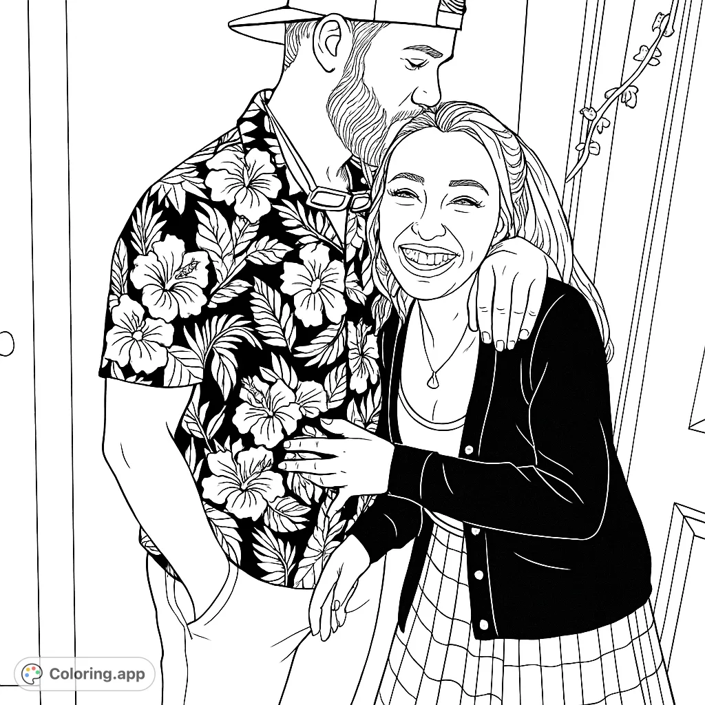 Capture a heartwarming moment of a couple embracing, featuring a man in a floral shirt kissing a smiling woman. Perfect for a romantic coloring page.