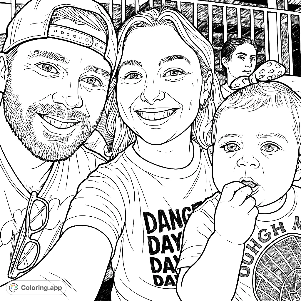 A heartwarming family selfie featuring a couple and their baby at a lively stadium, perfect for a fun, engaging coloring activity for all ages.