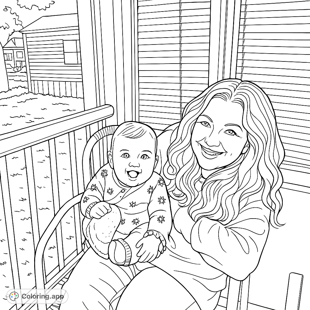 Capture a heartwarming moment with this mother and baby coloring page. Features a smiling woman holding a joyful baby on a porch, perfect for all ages.