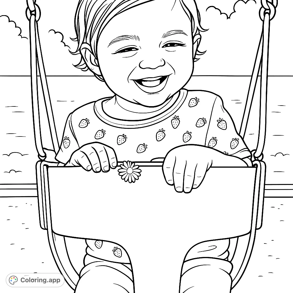 A joyful toddler in a swing, holding a delicate flower, ready for a splash of color. Perfect for young artists.