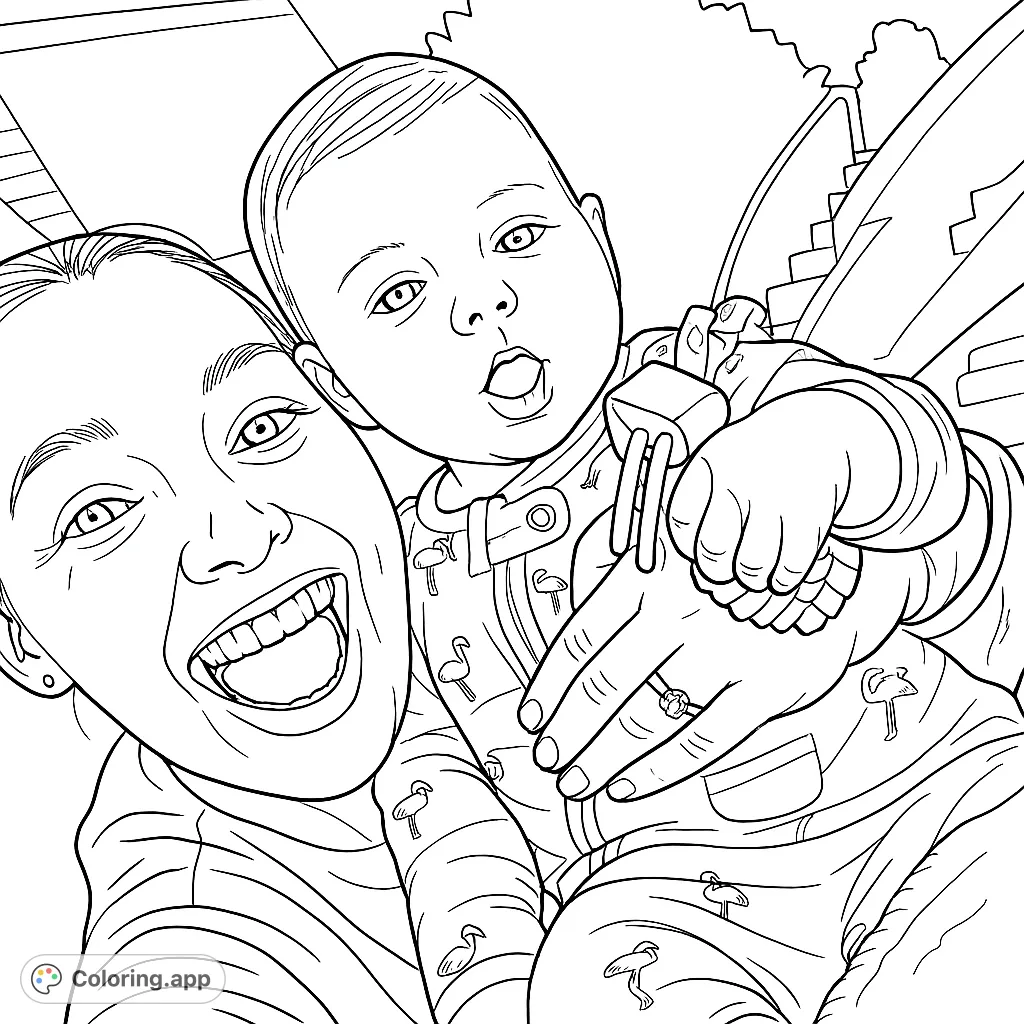 A heartwarming coloring page featuring a joyful parent and baby, sharing a happy moment with a fun toy. Perfect for celebrating family bonds.
