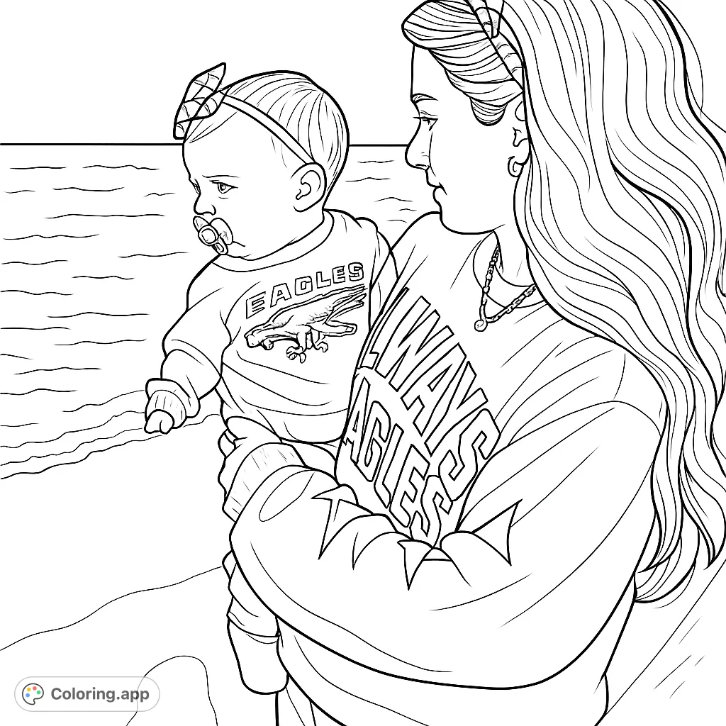 A heartwarming scene of a mother holding her baby at the beach, with gentle waves and sandy shores. Perfect for family-themed coloring.