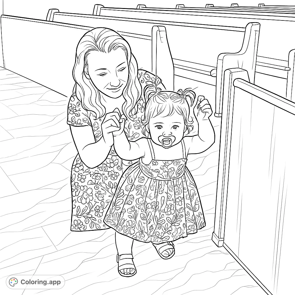 A heartwarming scene of a woman helping a toddler take steps in a peaceful sanctuary, perfect for a family-themed coloring page.