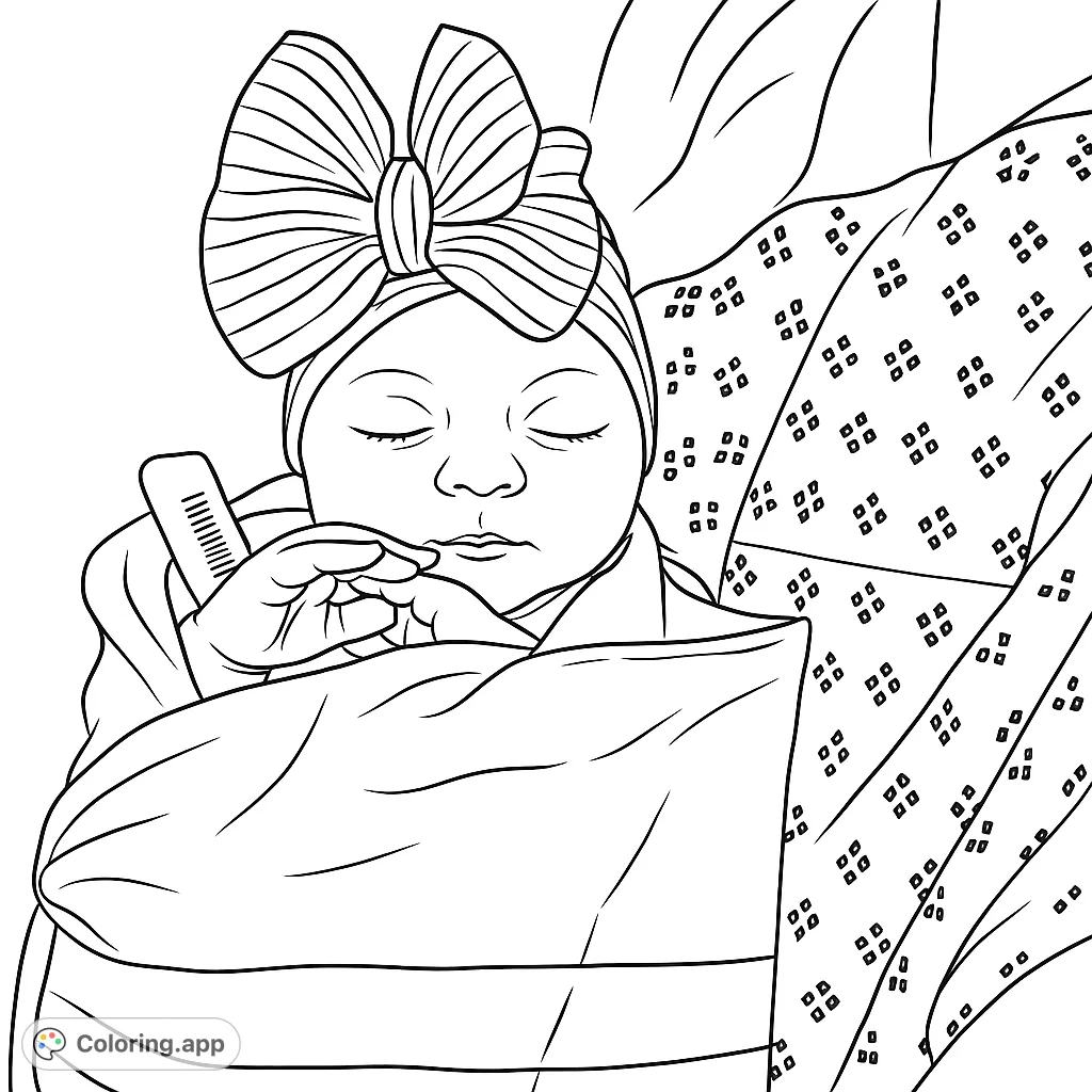 A precious newborn baby sleeps soundly, wrapped in a swaddle and wearing a charming bow hat. A heartwarming free printable newborn baby coloring page.