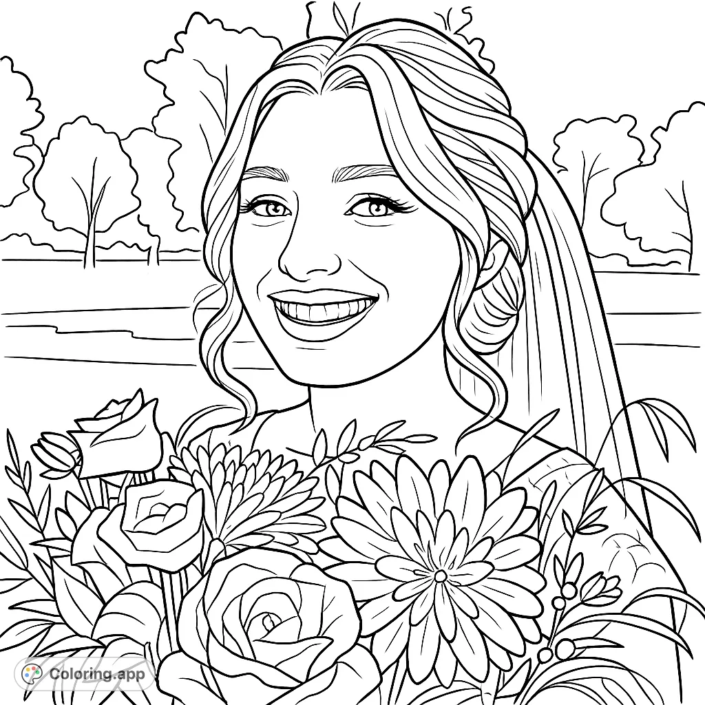 Capture the joy of a special day with this elegant bride holding a beautiful floral bouquet. Perfect for detailed coloring and creative expression.