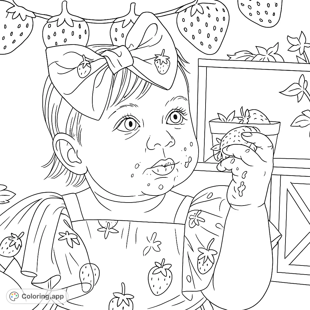 An adorable baby enjoying a messy fruit snack, surrounded by festive fruit decorations. A sweet and fun coloring page for all ages.