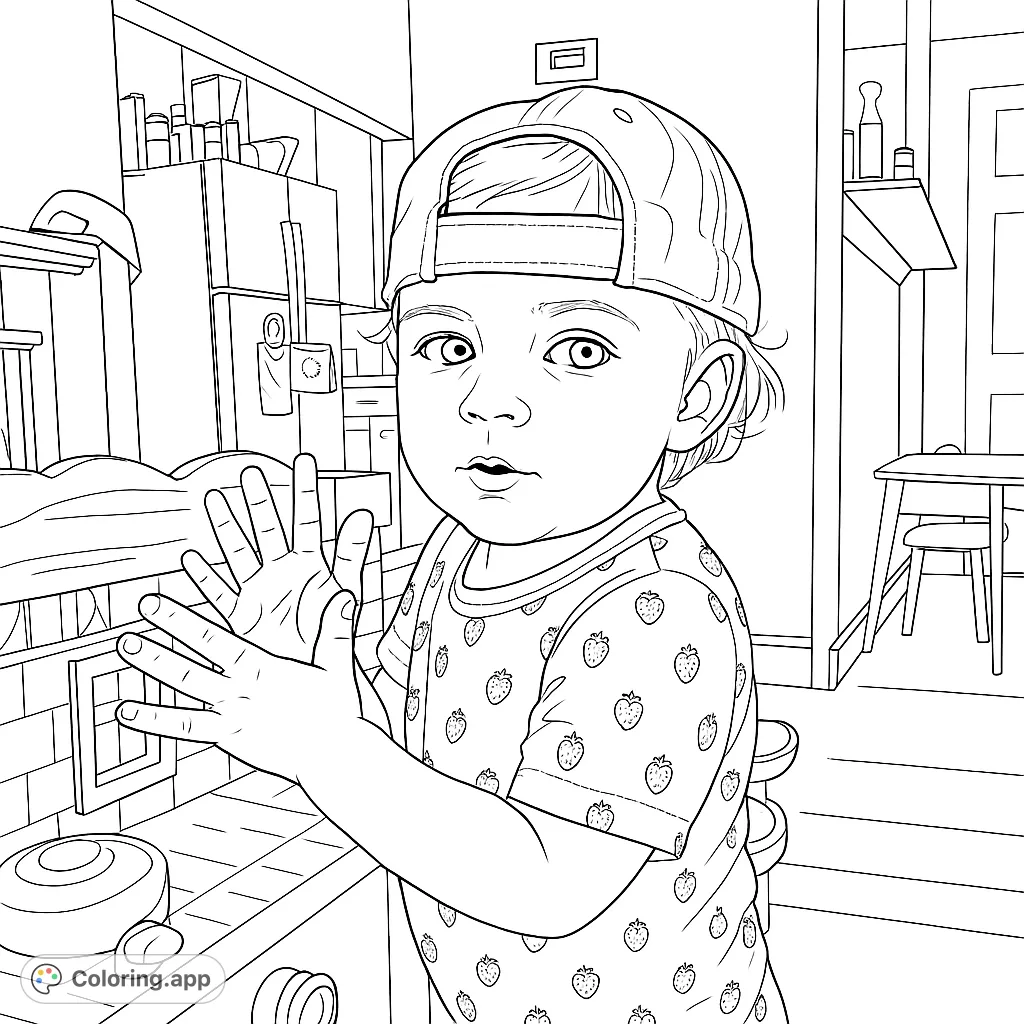 A delightful toddler in a baseball cap, clapping playfully in front of a toy kitchen. A charming scene perfect for young artists to bring to life.