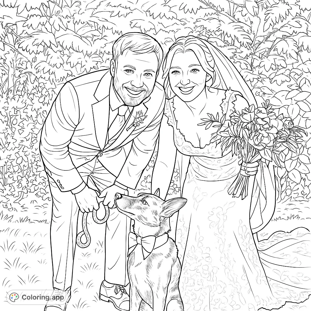 A joyful wedding couple poses with their beloved dog, capturing a heartwarming moment. Features intricate lace, a detailed bouquet, and a charming pet.
