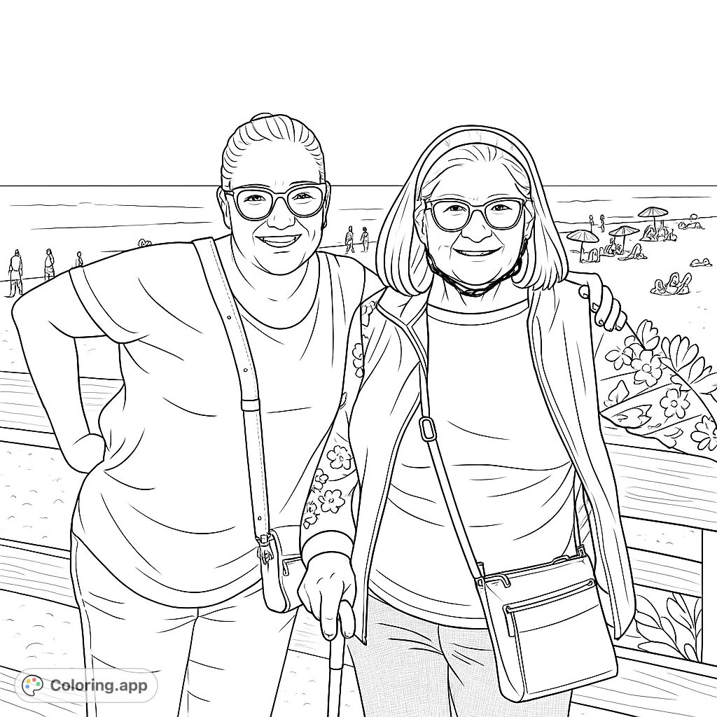 Two women enjoy a sunny day at the beach, posing together with a distant ocean view. A delightful scene for relaxation and creative coloring.