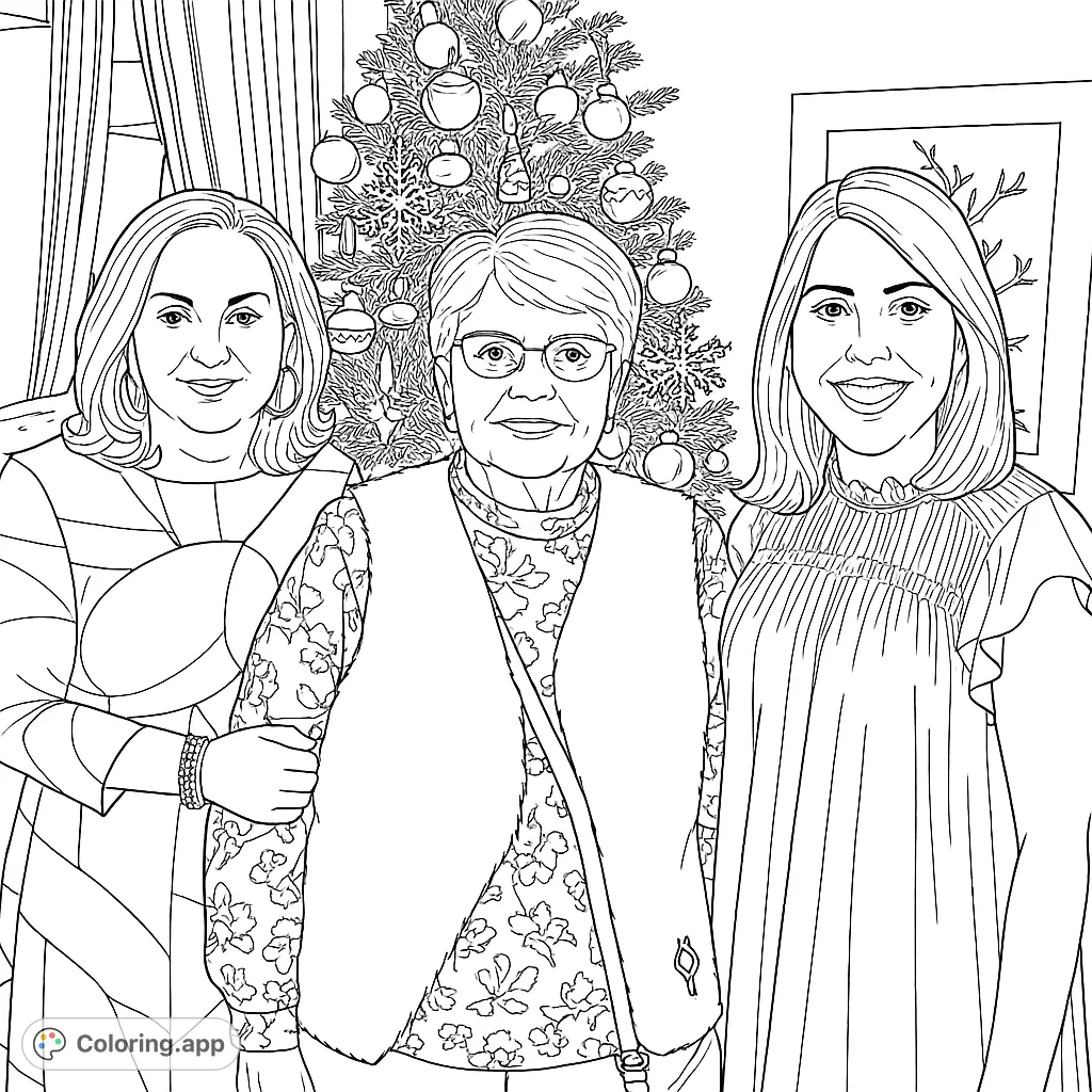 Capture the joy of a family holiday gathering with three smiling women by a festive Christmas tree. A heartwarming scene perfect for coloring.