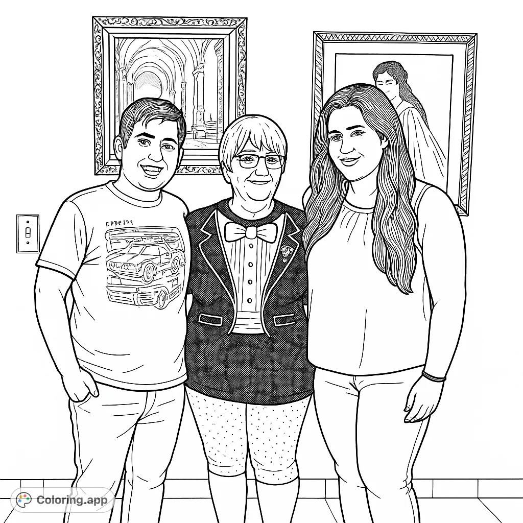A heartwarming coloring page featuring three individuals posing together, with unique clothing details and framed art in the background, offering a personal touch.