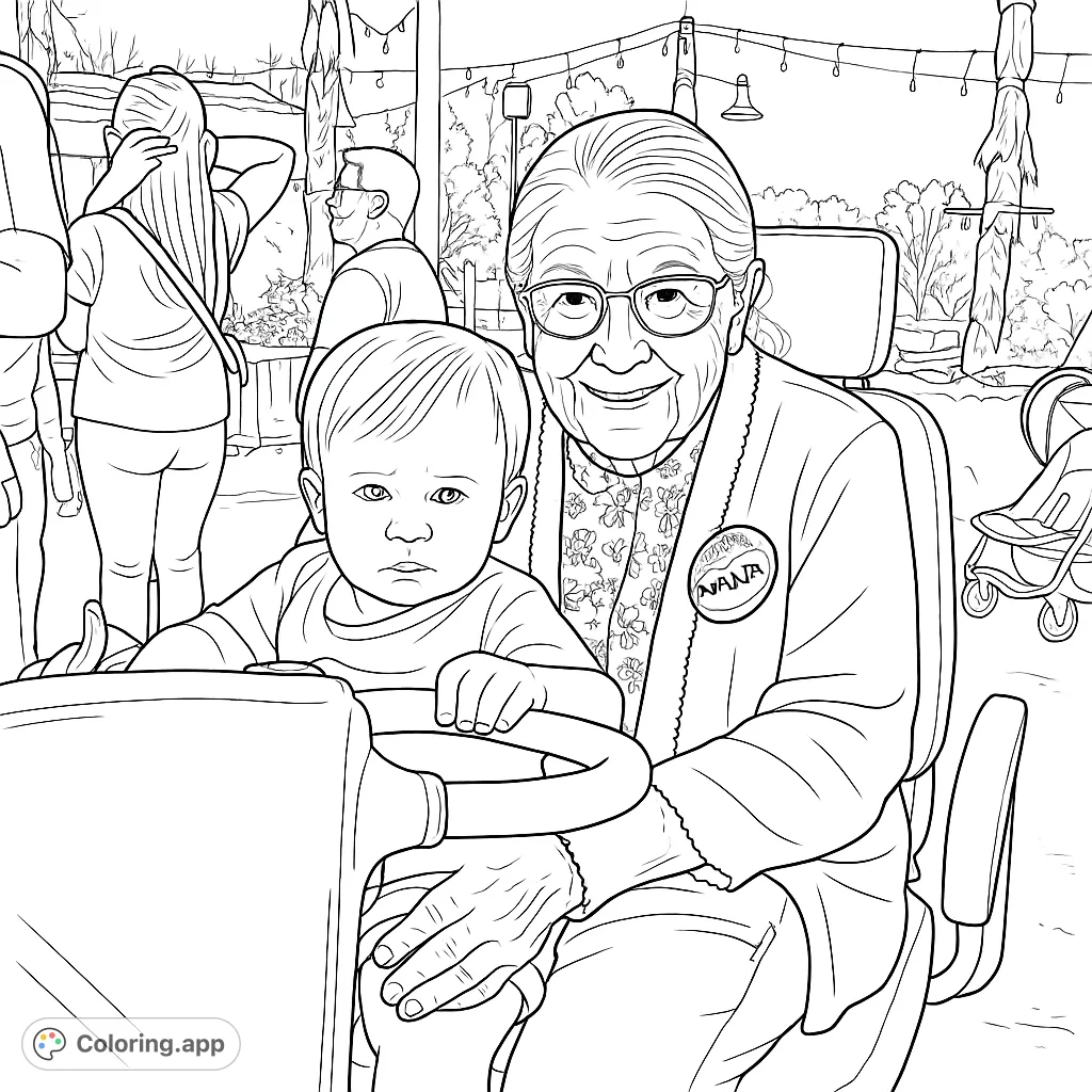 A heartwarming family scene featuring a grandmother holding a baby during an outdoor excursion. A tender moment perfect for personalized coloring.