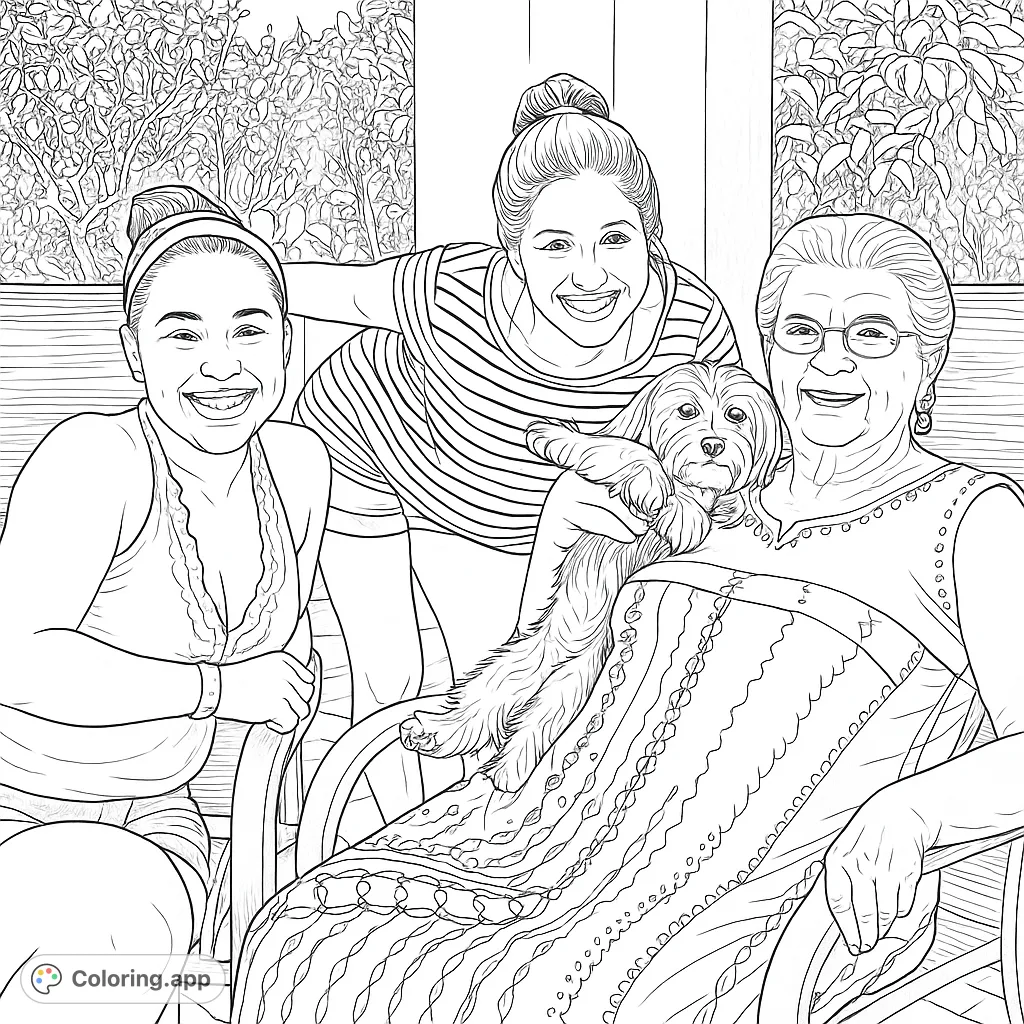 A joyful family portrait featuring two younger women, an older woman, and their adorable shaggy dog, all smiling happily amidst lush outdoor greenery. Perfect for all ages.