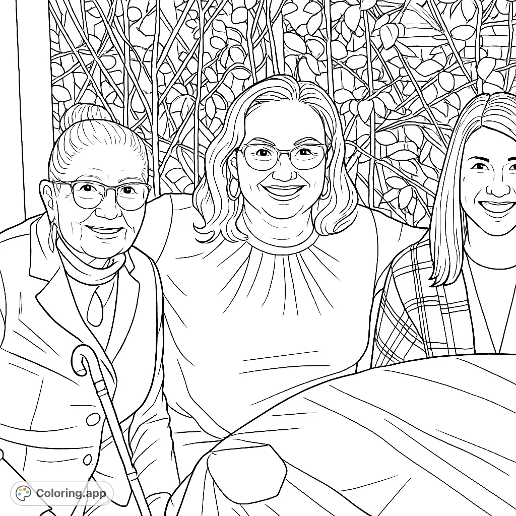 Capture a joyful moment with this women portrait coloring page. Featuring three smiling figures, detailed clothing, and lush background foliage for a fulfilling creative experience.