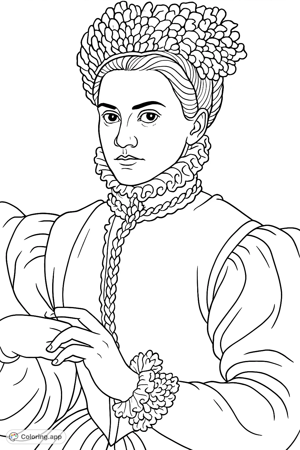 Step back in time with this regal lady coloring page. Features an elegant noblewoman in intricate historical attire, perfect for detailed coloring.