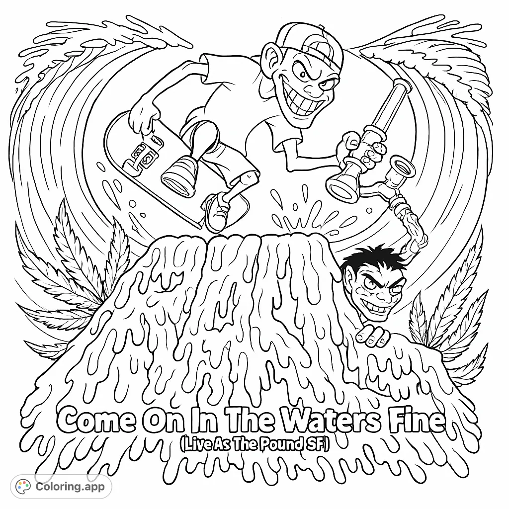 A mischievous creature skateboards a wave, holding a pipe, while another peeks from a dripping mound. A unique, edgy scene for coloring.
