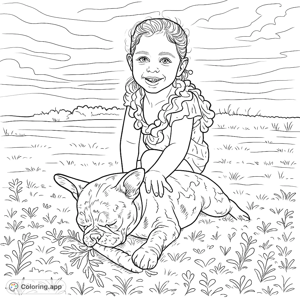 A heartwarming scene featuring a smiling girl and her spotted French Bulldog puppy enjoying a treat on a grassy field. Perfect for animal lovers!