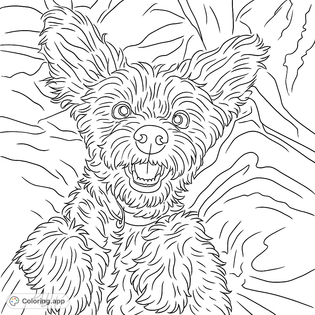 A joyful, fluffy dog lies on a soft blanket, looking up with a wide smile. Perfect for dog lovers of all ages.
