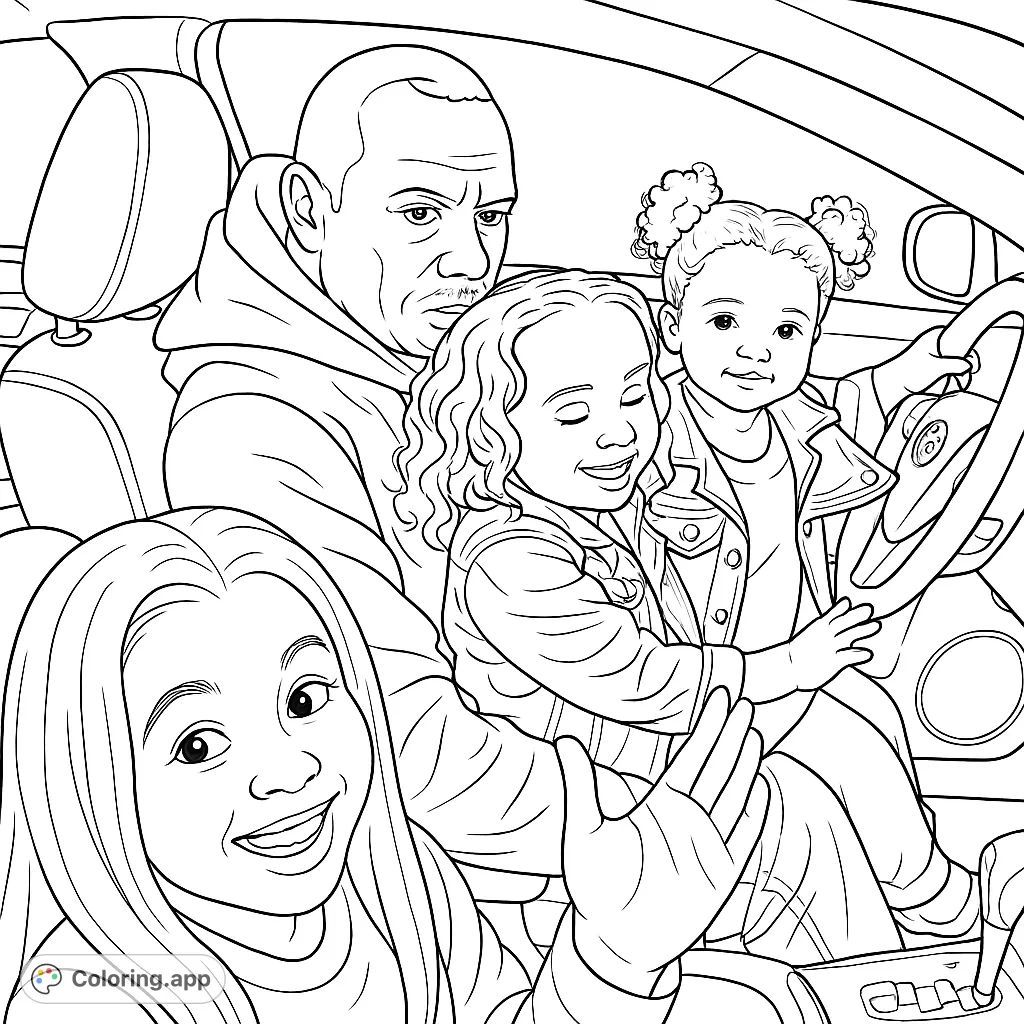Capture a heartwarming family moment in a car. A father and three children share a joyful ride, perfect for a fun, free printable family car ride coloring page.
