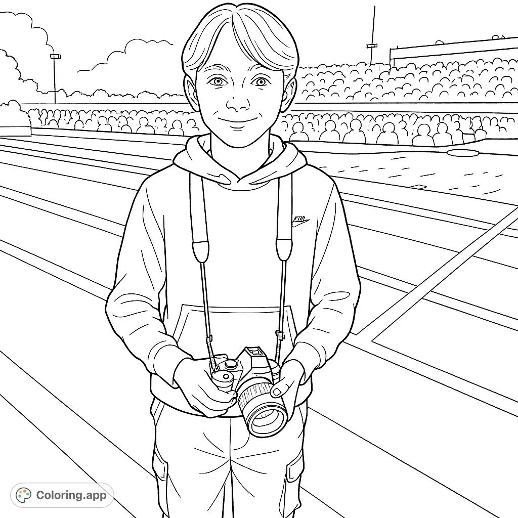 Capture the excitement of a young photographer at a bustling stadium. This detailed coloring page features a youth with a camera, ready to document the action.