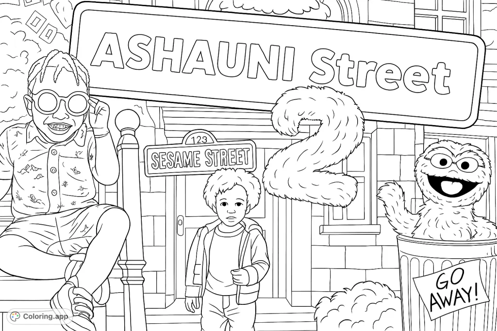 Join two cheerful children, a fuzzy number two, and a grumpy friend on Ashauni Street! A fun, personalized scene perfect for young fans.
