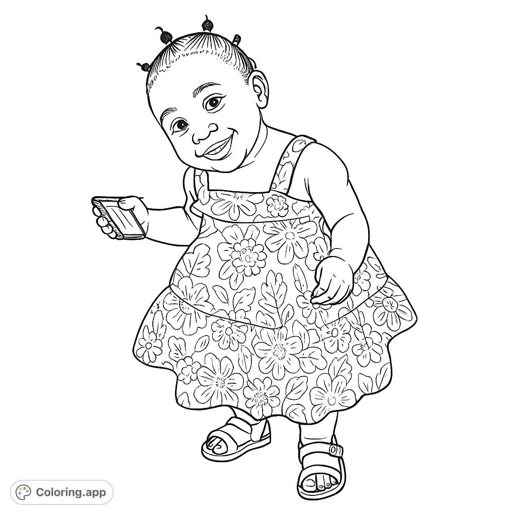 A delightful toddler in a patterned sundress, smiling and ready for fun. A charming free printable coloring page for kids.