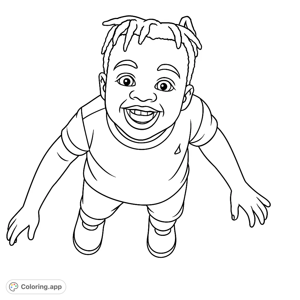 A delightful coloring page featuring a happy toddler looking up with a wide smile, perfect for capturing childhood joy and creativity.