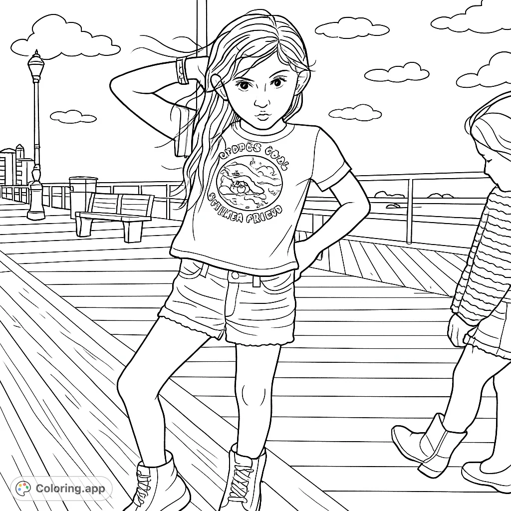A confident young girl strikes a pose on a wooden boardwalk, with a sandy beach and ocean stretching into the background under a cloudy sky.
