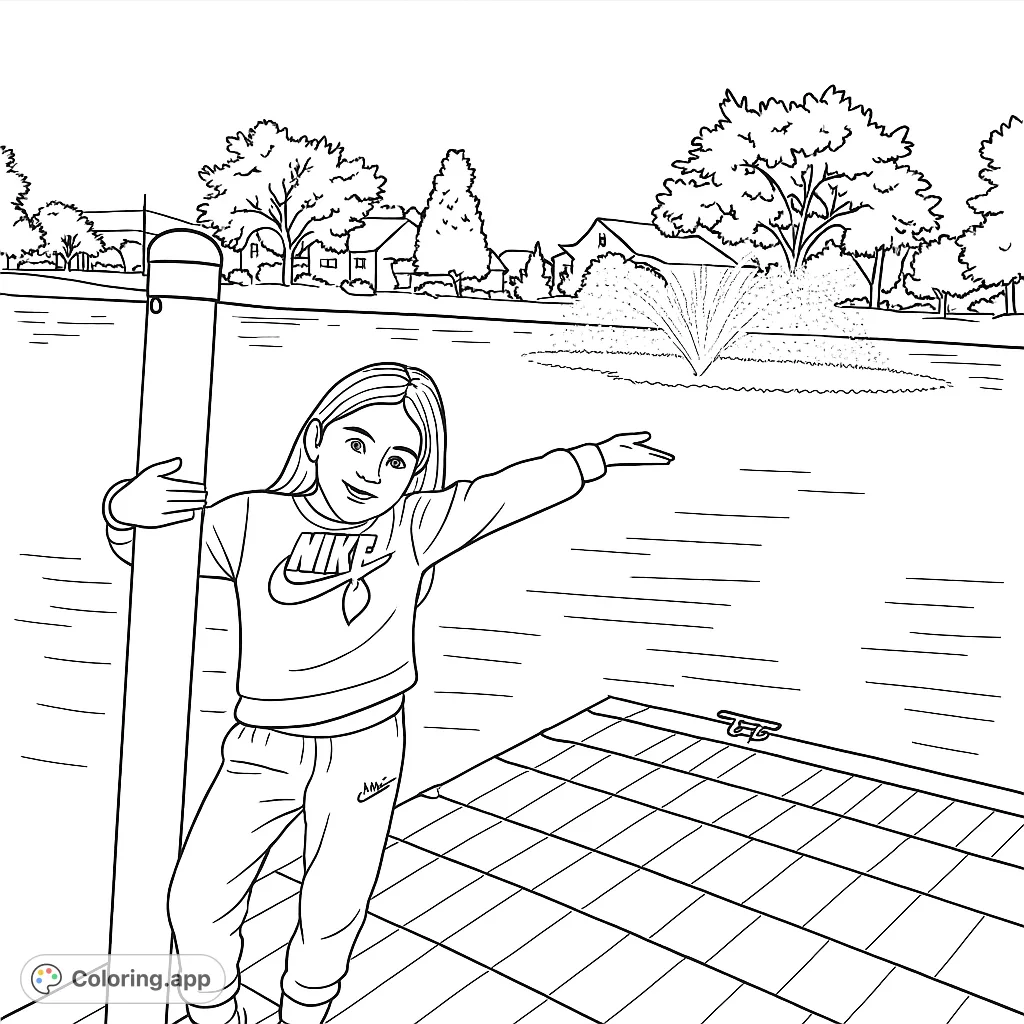 A cheerful girl poses on a dock by a serene lake with a beautiful fountain, surrounded by a peaceful landscape. Perfect for a relaxing coloring experience.